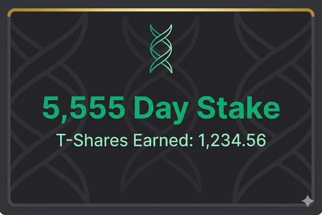 Example: 5,555 Day Stake earning 1,234.56 T-Shares